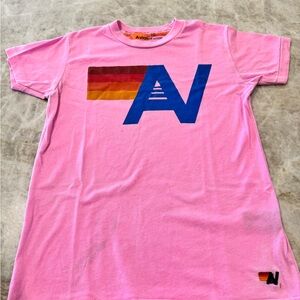 Aviator Nation Pink Tee with Blue Logo and Stripes